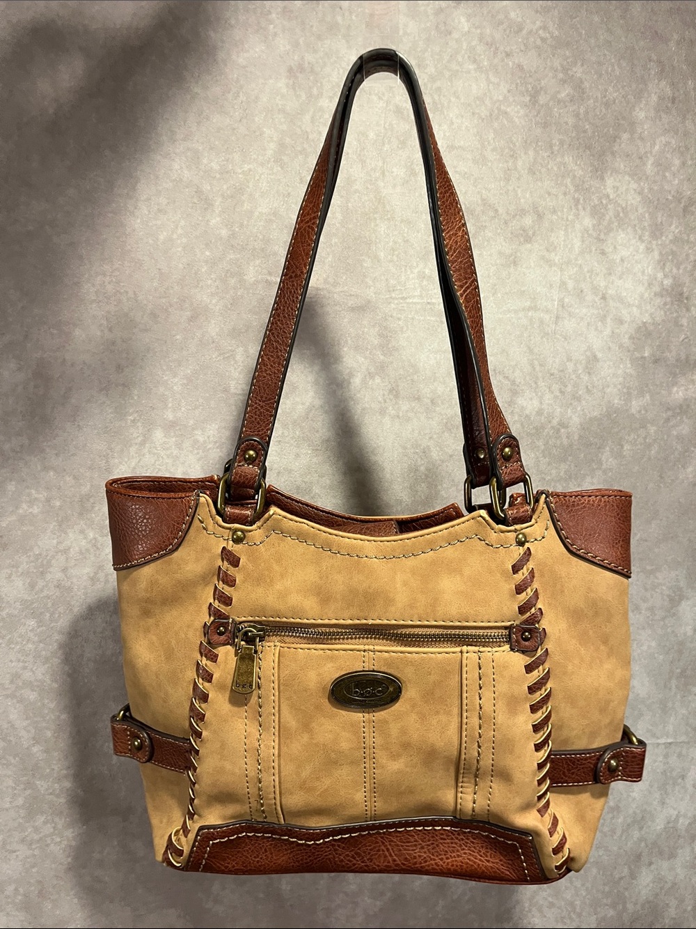b.o.c. Two-Tone Tan & Brown Whipstitch Vegan Suede Shoulder Bag